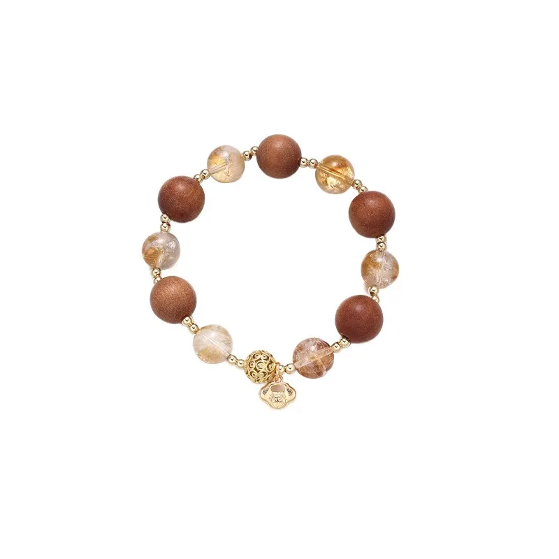 New Chinese Style Fortune Yellow Tower Crystal Wood Bead Bracelet 12mm Natural Crystal Copper Accents Gifts