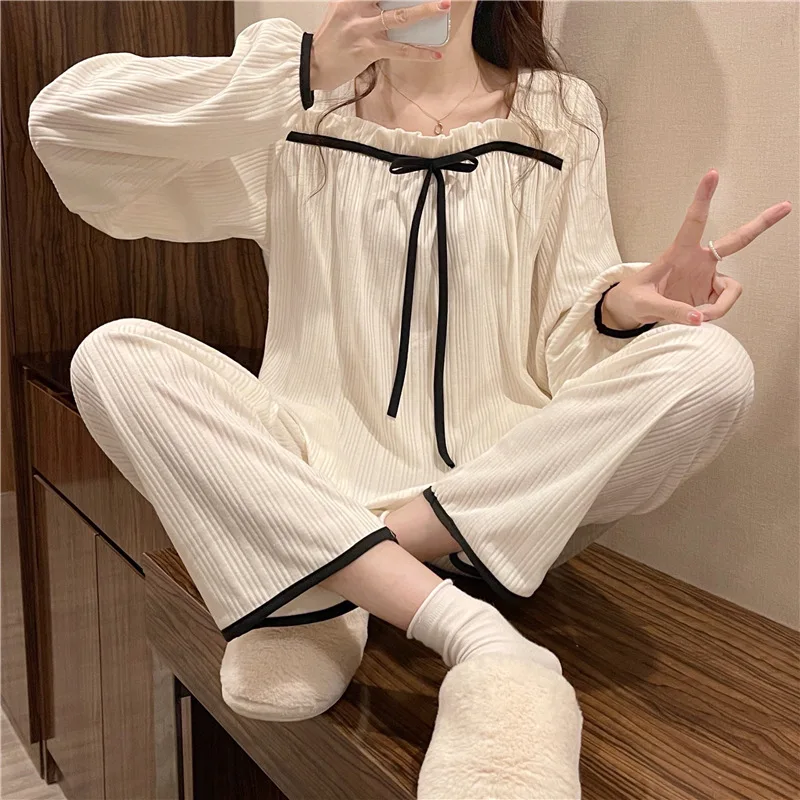 Women\'s Spring and Autumn Pajamas Set Women\'s Long-Sleeved Long Trousers Pajamas Homewear Sweet Leisure Homewear Loose Set