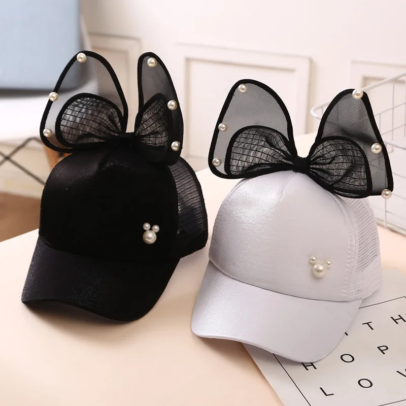 Pearl Bow Princess Girl Baseball Hat Kids Summer Mesh Peaked Cap Cool Breathable Baby Sunshade Duck Tongue Caps Children Visors