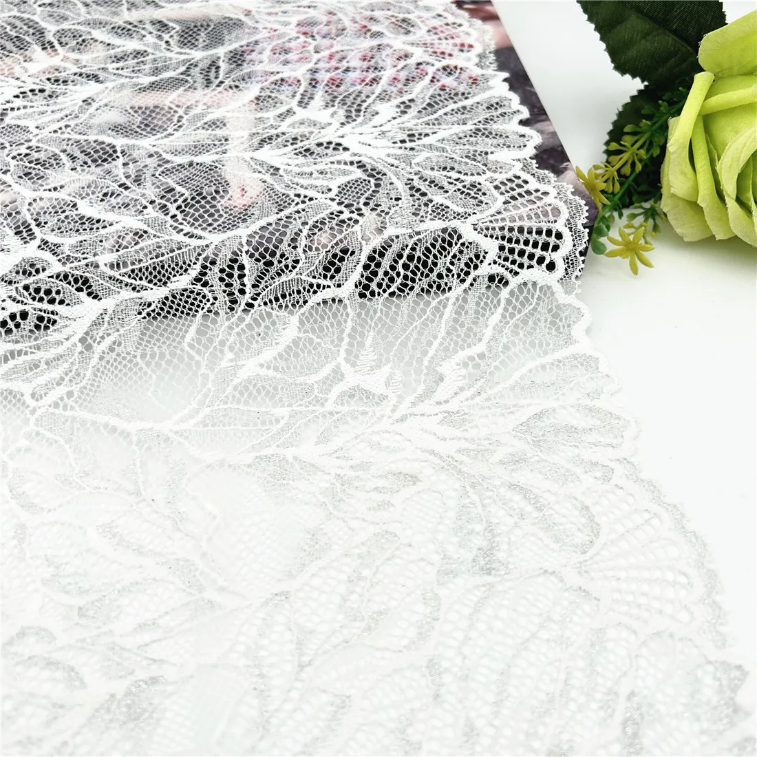 3y/lot Width 23cm White Silver Shimmer Elastic Lace Trim Lingerie Sewing Craft DIY Apparel Fabric Lace Dress Garment Accessory