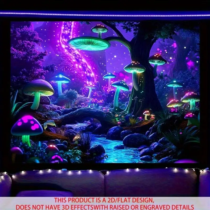 VIKAMA Fluorescent Mushroom Forest Stream Tapestry, psychedelic Neon Starry Sky Wall Hanging Bedroom Esports Room Decoration