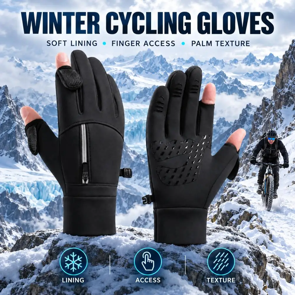 Convertible Flip Finger Touch Screen Thermal Winter Gloves Adjustable Zipper Textured Palm for Men Women Cycling Running Hiking
