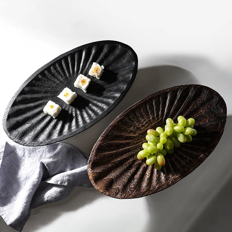 Black Wooden Tray Oval Household Three-Legged Tray Homestay High-footed Solid Wood Fruit Tray Decorative Ornament
