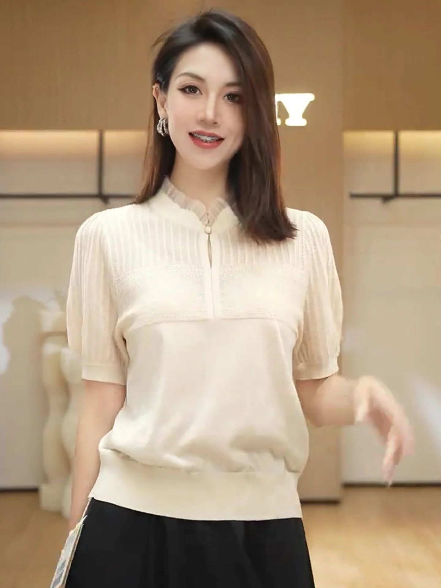 Ele Ice Silk Knitted ort Sve T-irt oulder Width Regular Summer Base Layer White Enhancing Women's Faion Top