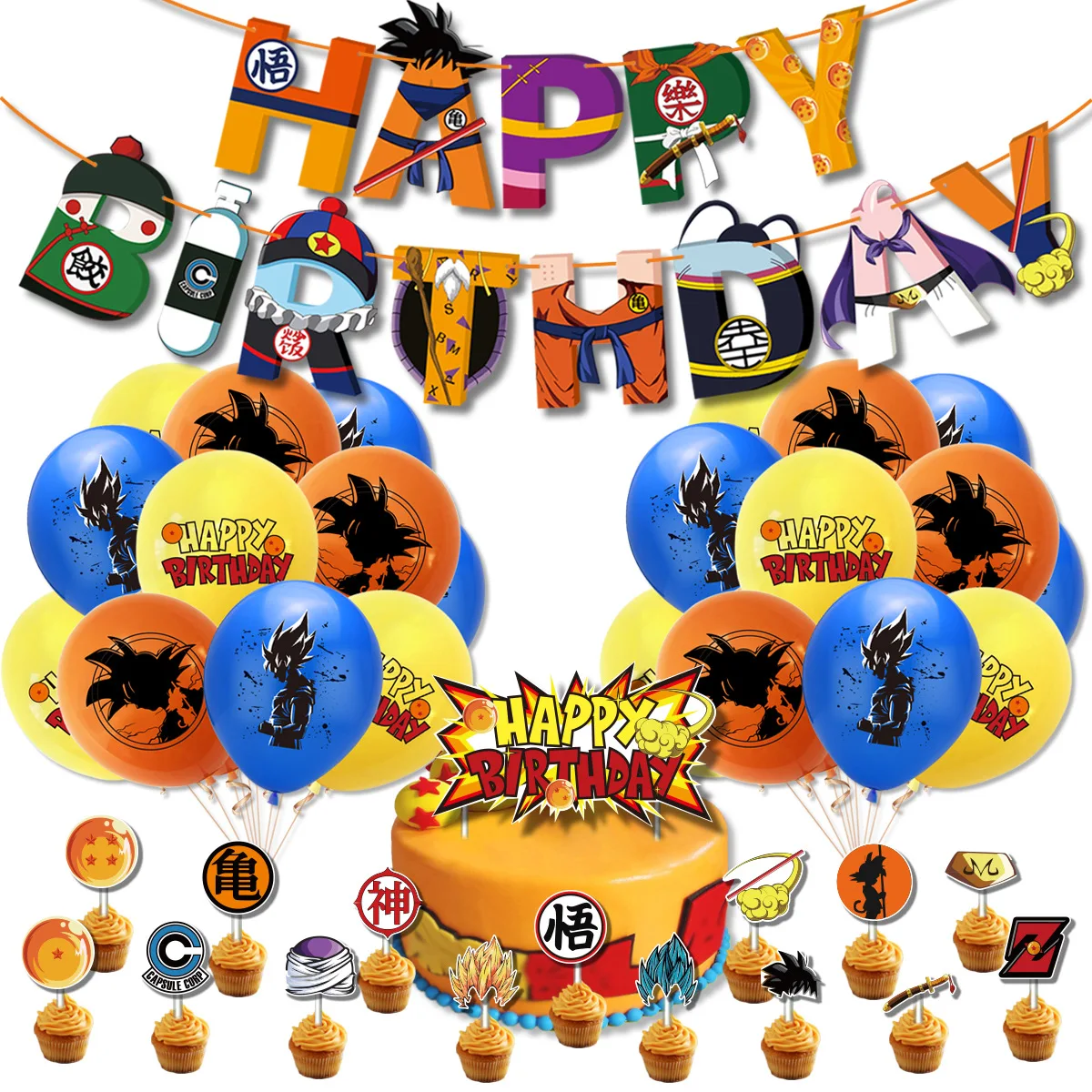 

Dragon Ball Birthday Party Event Supplies Goku Vegeta Flag Pulling Latex Balloon Cake Card Kid Party Decoration Anime figure