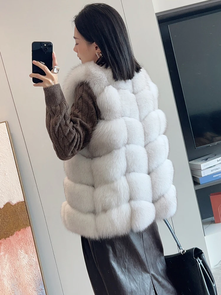 2025 New Autumn Winter Women's Natural Fox Fur Vest Thick Mid Length Real Fur Waistcoat Luxury Female Jacket