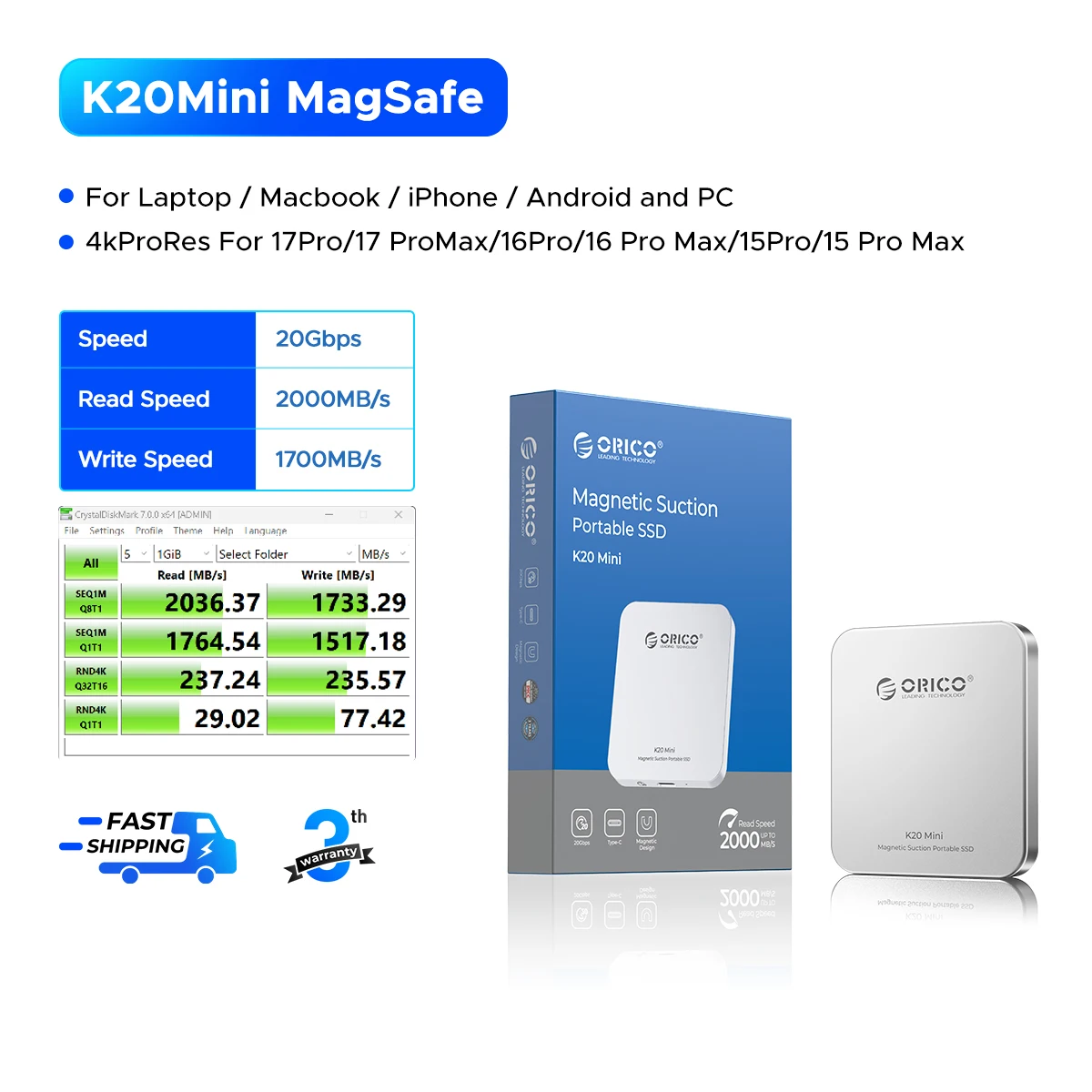 ORICO Mini magnetische externe SSD voor iPhone 16 15 Pro/Max ProRes 2000 MB/s 4K ProRes HDR Record en Store Portable Solid State
