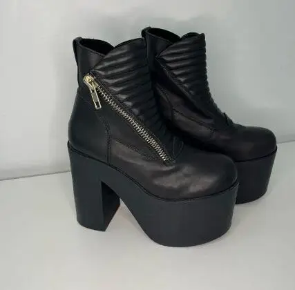 Autumn Black Matte Leather Round Toe Double Zipper Platform Ankle Boots Punk Style Round Toe Chunky Heels Pleated Upper Booties