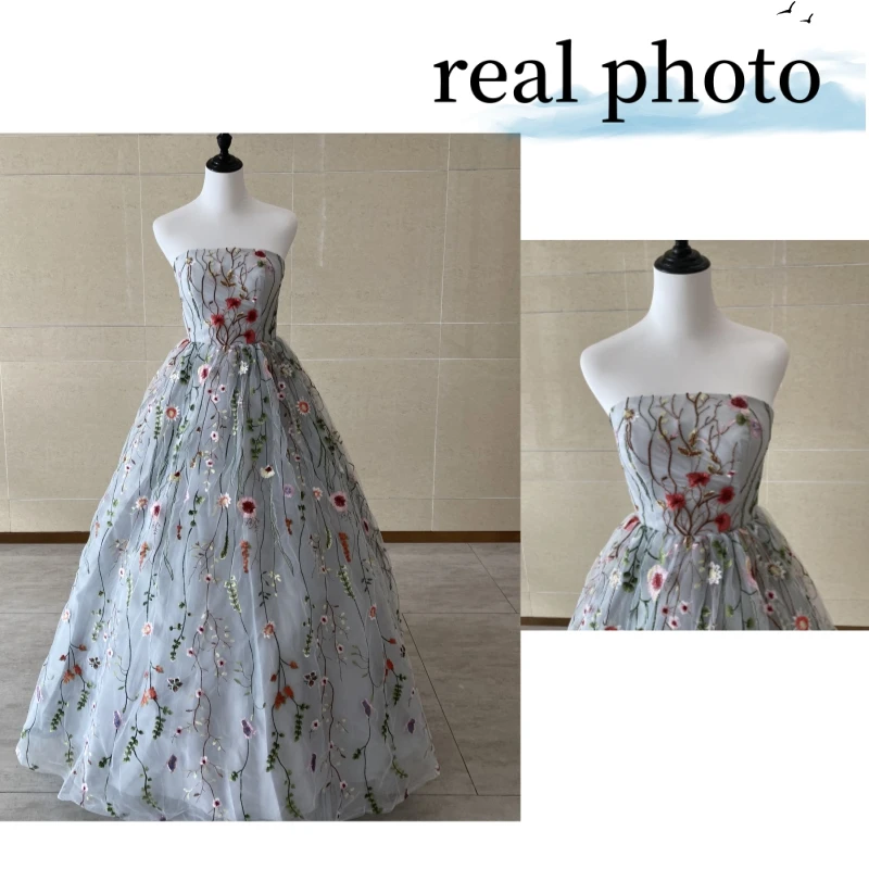 Sexy Strapless Quinceanera Dress New Light Grey Puffy Dresses For Prom Embroidered Small Flowers Vestido De Debutante Customized