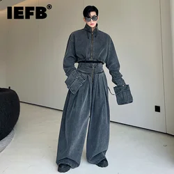 IEFB Men's Wear Personality Denim Pants Set Two-piece New Fashion Zipper Short Jacket Wide Leg Trousers Big Pocket Autumn 9C1543