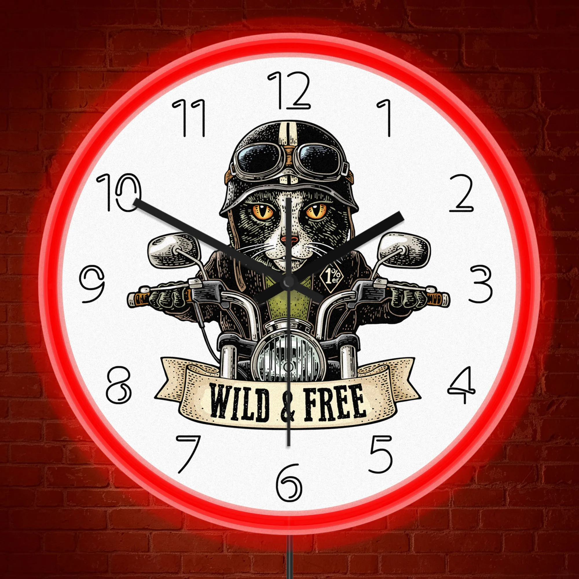 Vintage Motorcycle Rider Silent Wall Clock with Neon Rim Light Wild And Free Retro Biker Quote Kitty LED Light Up Wall Clock