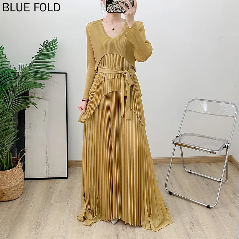 MIYAKE Sun Pleated Dress Long Sleeve Hand-Pleated Pleats Solid Color Maxi Dress Lace-Up Dress High Quality Clothes Elegant