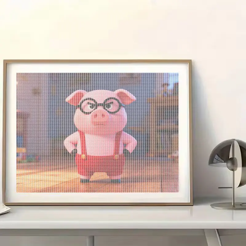 مجموعة طلاء ماسية خماسية الأبعاد مكونة من قطعة واحدة، خنزير غاضب كرتوني مضحك للأطفال مع نظارات وزرة حمراء، حفر مربع كامل من حجر الكريستال