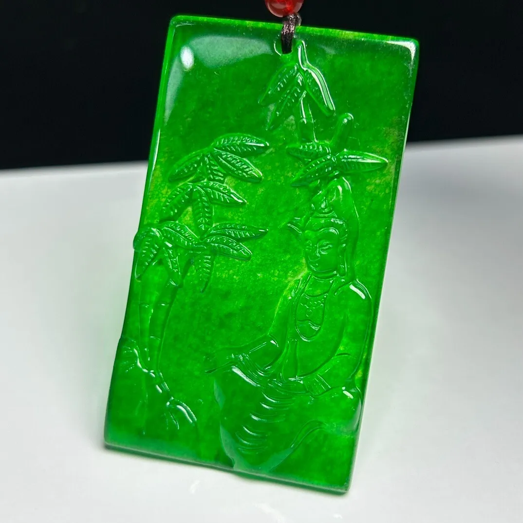Natural Ice Green Jade Jadeite Carved bamboo Guanyin Pendant&Necklaces