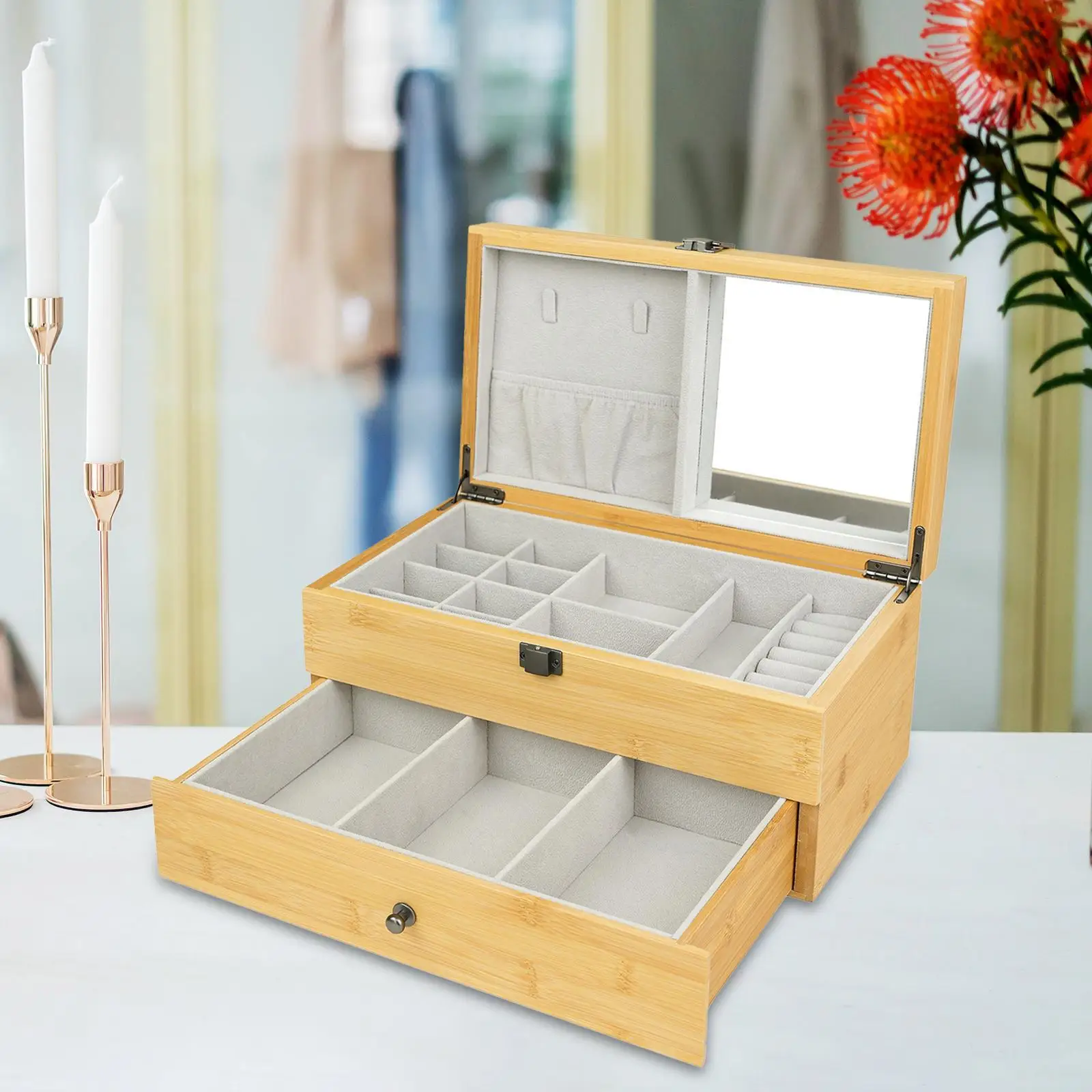 2 Tier Wooden Jewelry Box Organizer with Mirror Drawer Desktop Trinket Box for Women Lady NightStand Dresser Sunglasses Bedside
