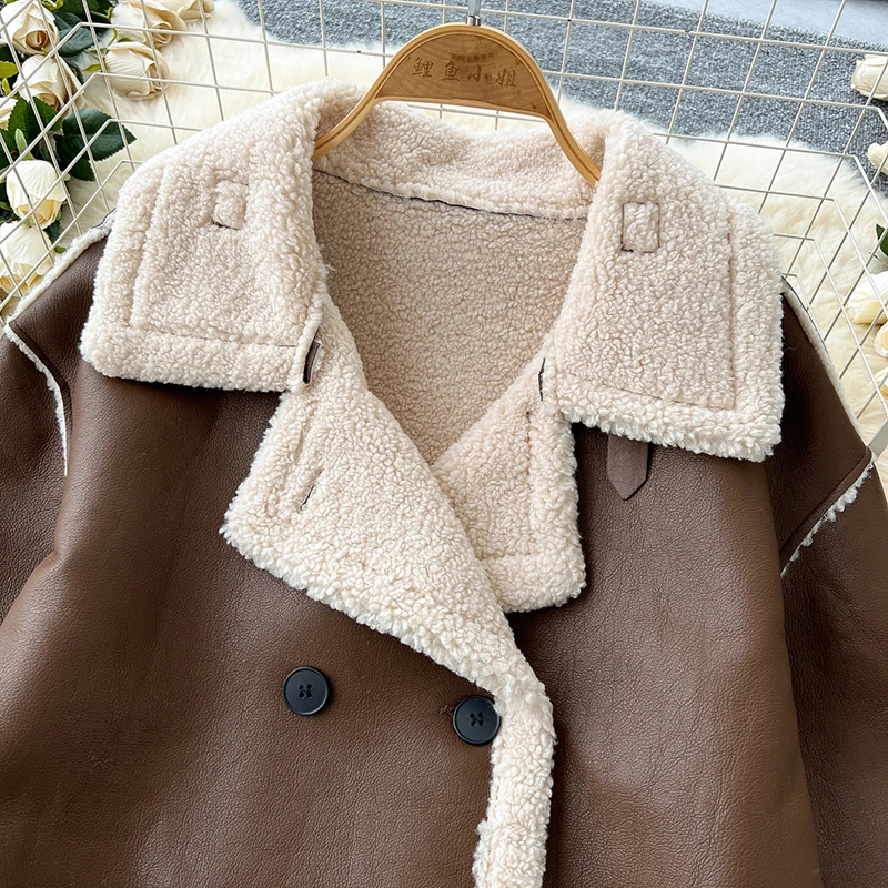 Winter Sheep Fur Long Lambwool Jacket Coat Women New Slim Double Breasted Sheepskin Fur Jacket Winter Stand Collar Female Jacket