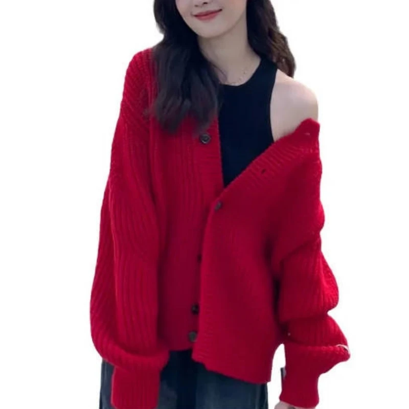 

Women's Knitted Cardigan Sweater White Deer Star Same Style Clothes French Lazy Style Red Round Neck Luxurious Lady Coat Jacket