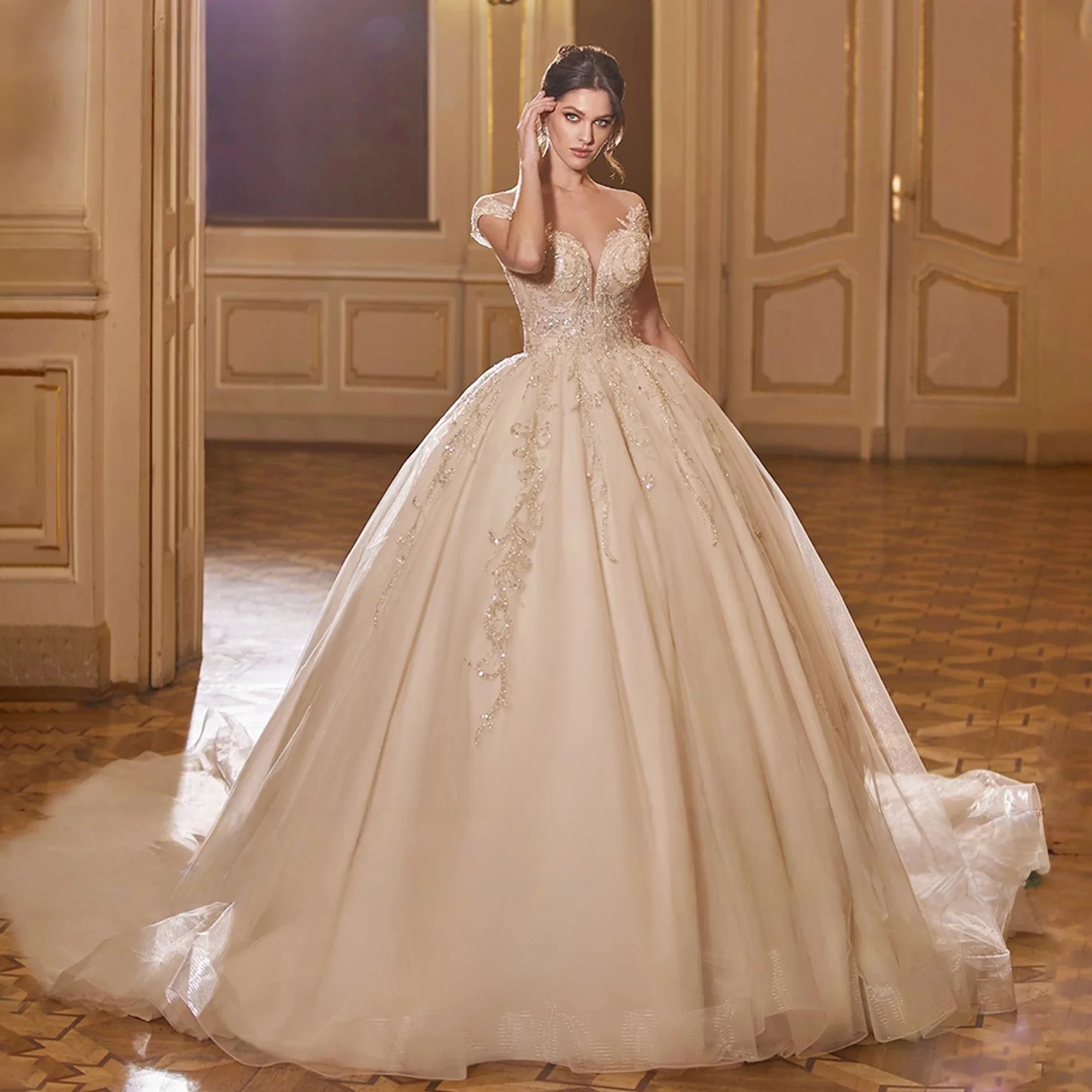 Lace Wedding Dresses Ball Gown Cap Sleeves Appliques Dubai Saudi Arabia Israel Bridal Gowns Vestido De Novia Customized