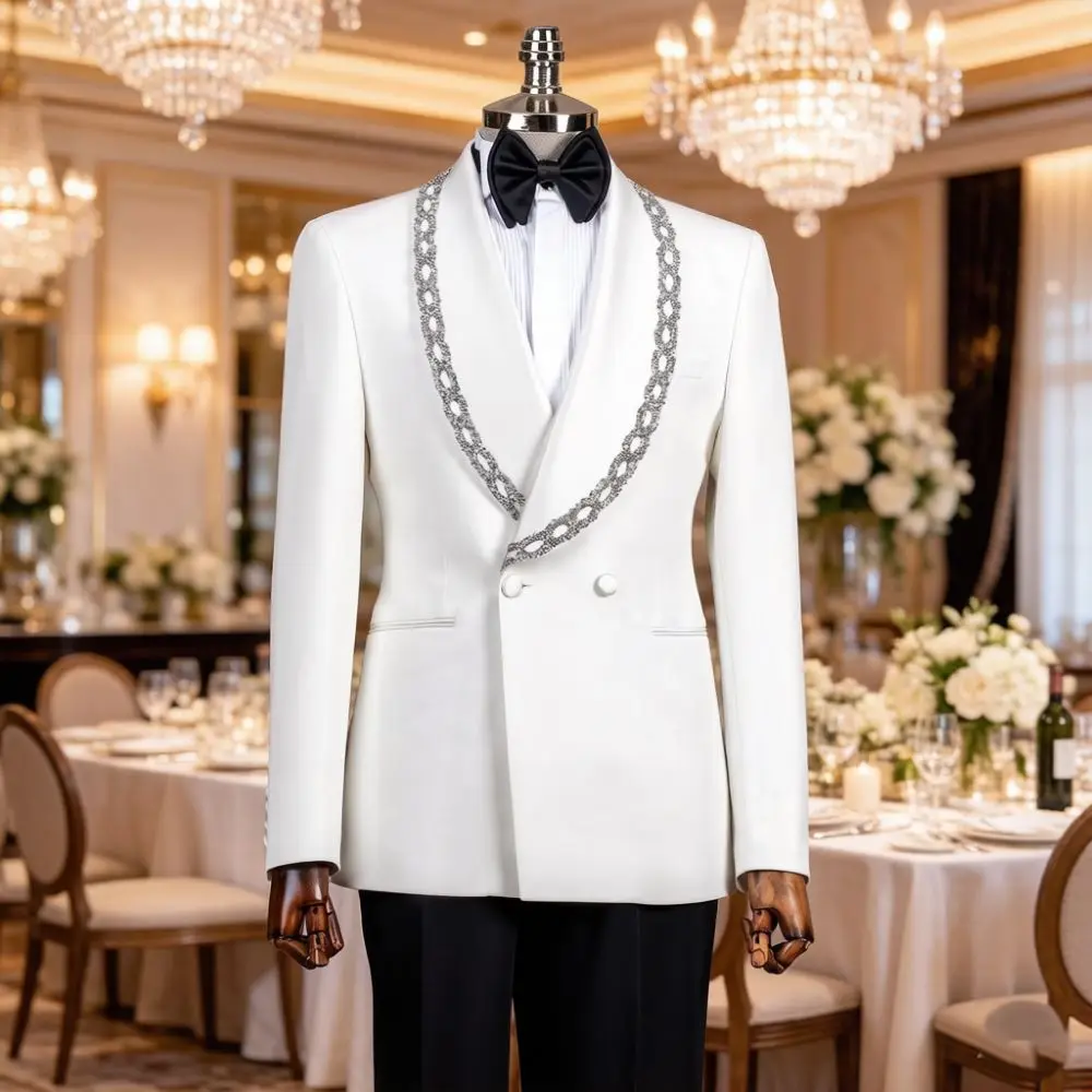 

Luxury Beaded 2 Pieces Double Breasted Groom Tuxedo White Slim Silhouette Fit Men Suit Formal Party Celebration Dinner