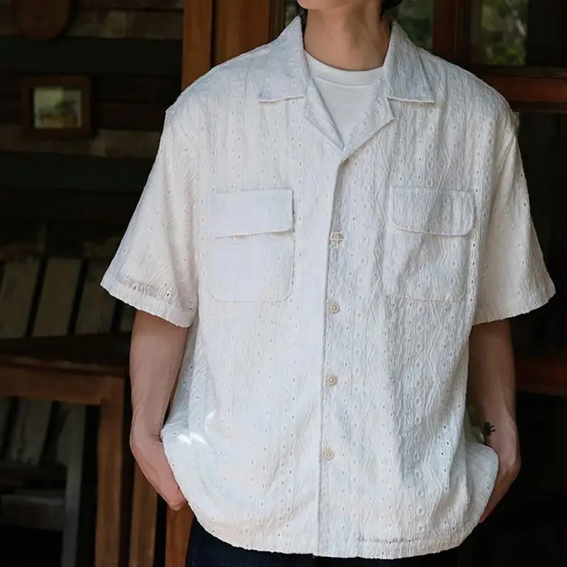 

Japanese Style 2024 Summer New Men's Square Collar Button Hollow Out Spliced Pockets Trendy Loose Half Sleeve Casual Shirt Tops