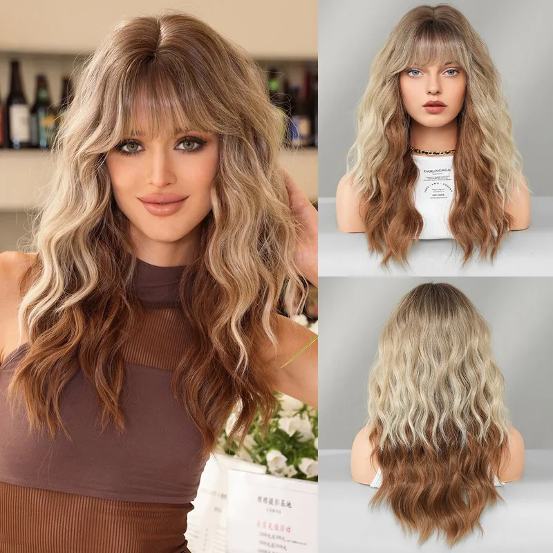 Cross-border women's long curly hair , beige with brown highlights, fashionable fluffy natural wig for girls, manufacturer