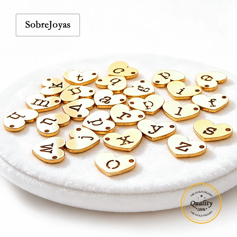 Heart Letters Connector Drop with Right Hole 26 Lowercase Letter Charms Wholesale Jewelry Findings 14K Gold Filled