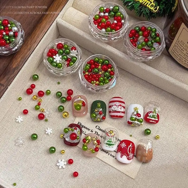 

1 Box Christmas Red/Green Pearl Nail Rhinestone Mixed Size Pearlescent Colorful Beads Nali Charms Christmas Manicure Jewelry