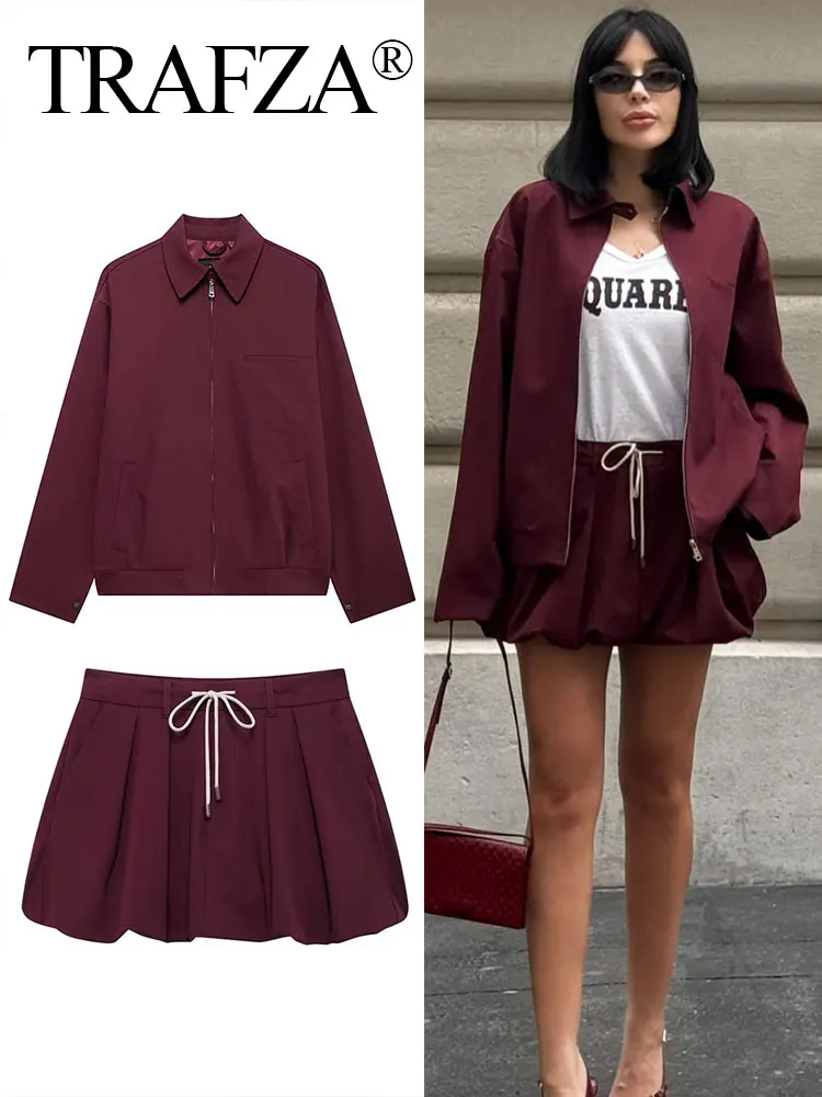 TRAFZA 2024 Female Set Wine Red Turn-Down Collar Long Sleeves Zipper Jacket Top + High Waist Lace-Up Woman Mini Pleated Skirt