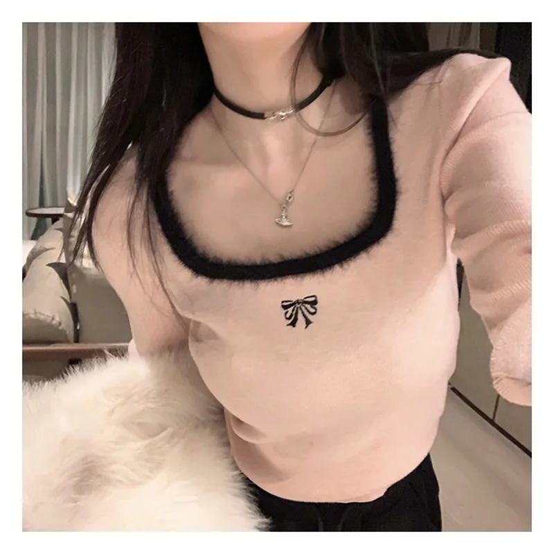 ITOOLIN Winter Women Butterfly Embroidered T-shirts Square Neck  Long Sleeve Patchwork Y2K T-Shirts Autumn Women Casual Tees