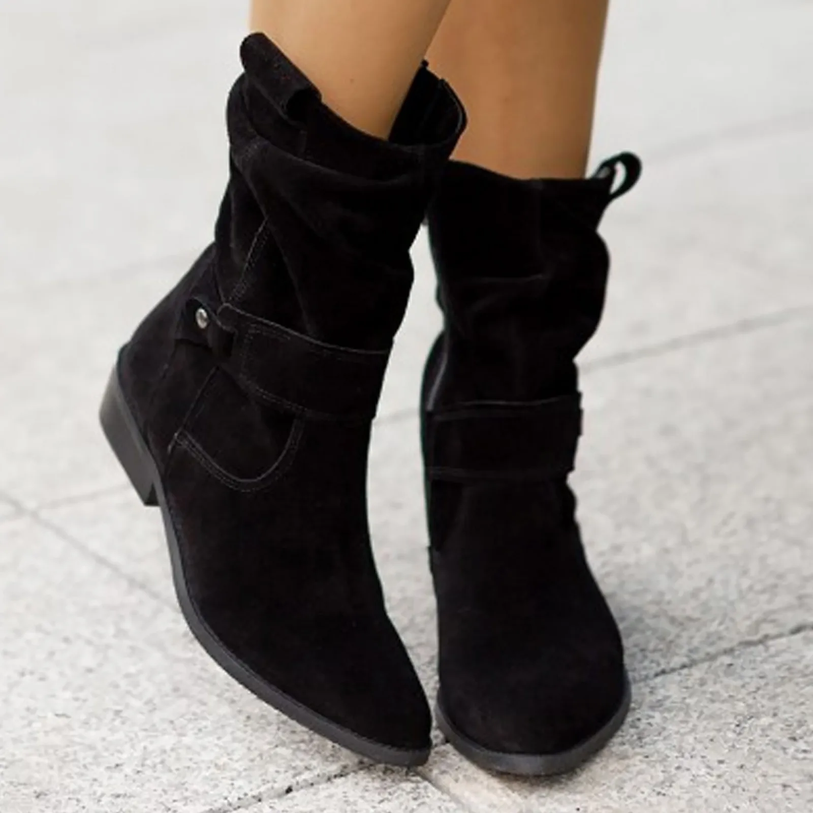 2024 Winter Warm Suede Women Ankle Boots Vintage Zipper Shoes Buckle Lady Mid-Calf Boot Outdoor Thick Low Heel Women Shoes