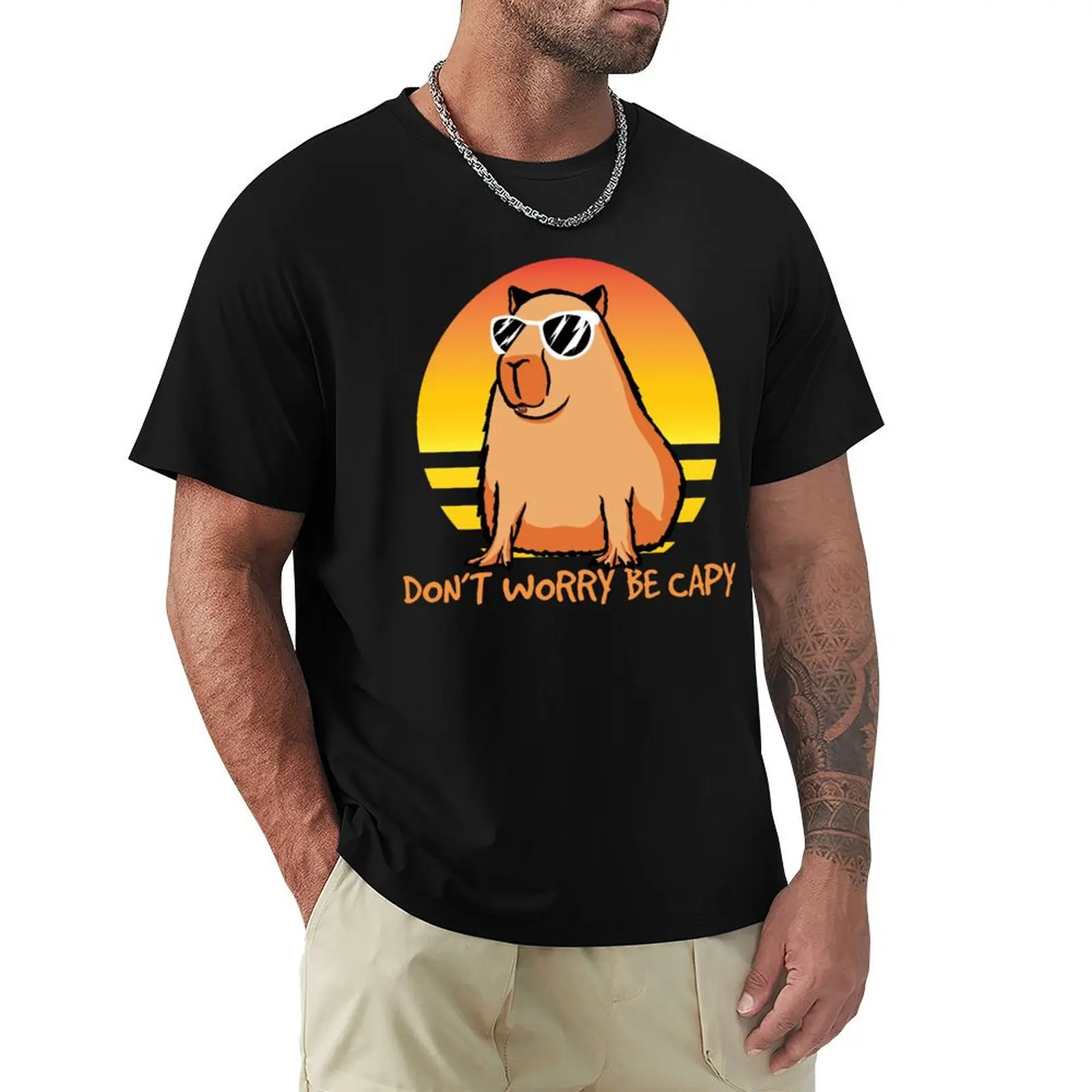 Don't Worry Be Capy Retro Sunset Capybara Quote Be Capy Gear T-Shirt Festival Casual Short Sleeve