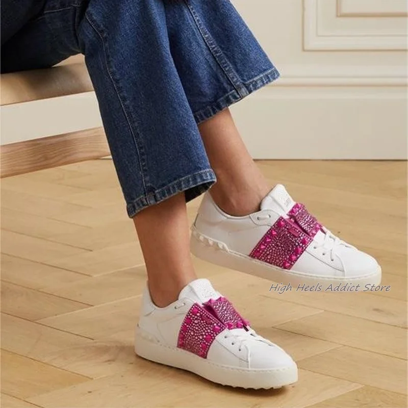 Rockstud Crystal-embellished Real Leather Sneakers White Lace up Soft Flat Shoe 2024 New Luxury Designer Comfy Shoes