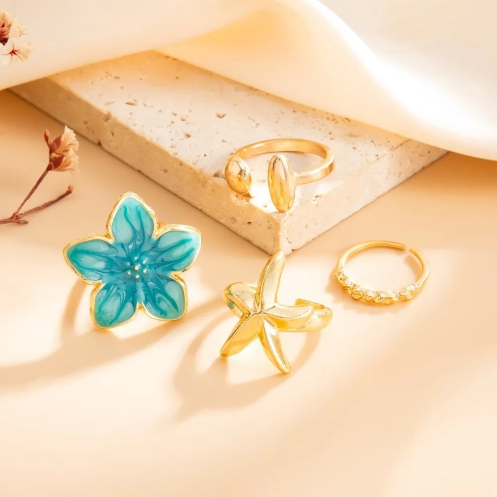 Blue Enamel Toe Ring Jewelry Bright Tone Wrinkle Detail Metal Foot Ring Starfish Form Flower Shape Flower Starfish Toe Ring