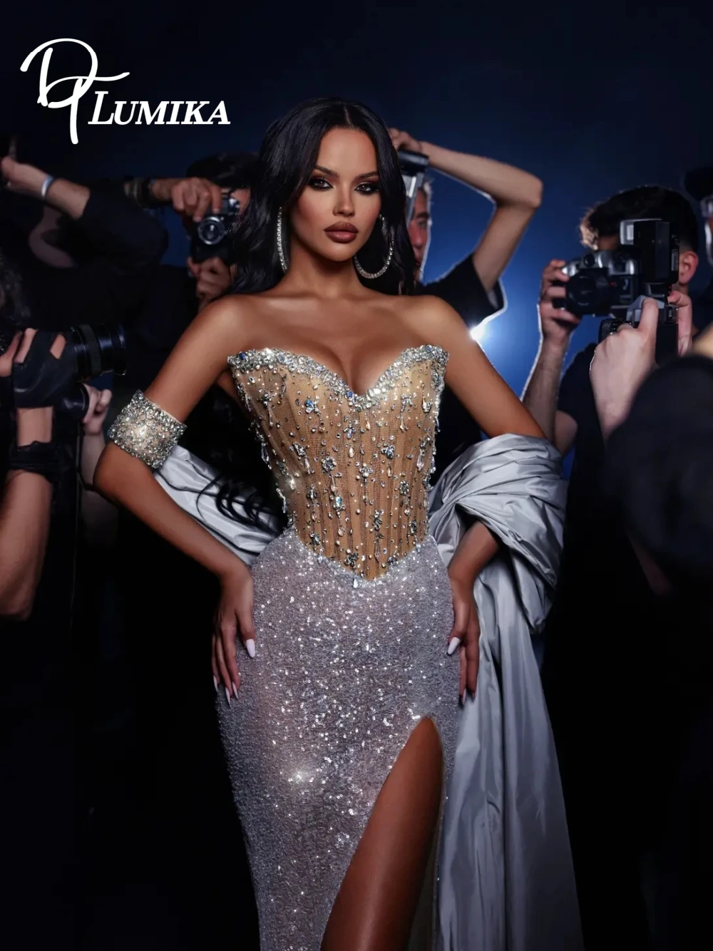 

Beaded Luxury Evening Gown Off-Shoulder Slim Sexy High Slit Prom Dress For Formal Wedding & Gala Events Crystals High-end Wear