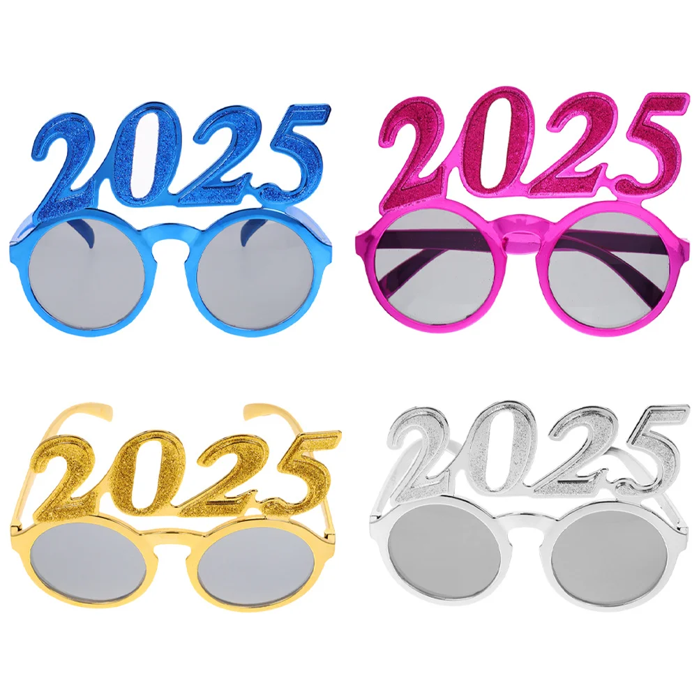

4Pcs 2025 Electroplated Number Glasses Round Frame New Year Eve Party Supplies Graduation Photo Props Festive New Year