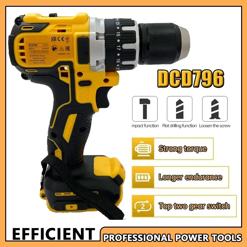 Rechargeable Power Tools DCD796 Fit Dewalt 2000RPM Cordless Electric Drill Brushless Driver Adjustable Speed Impact Hand Drill