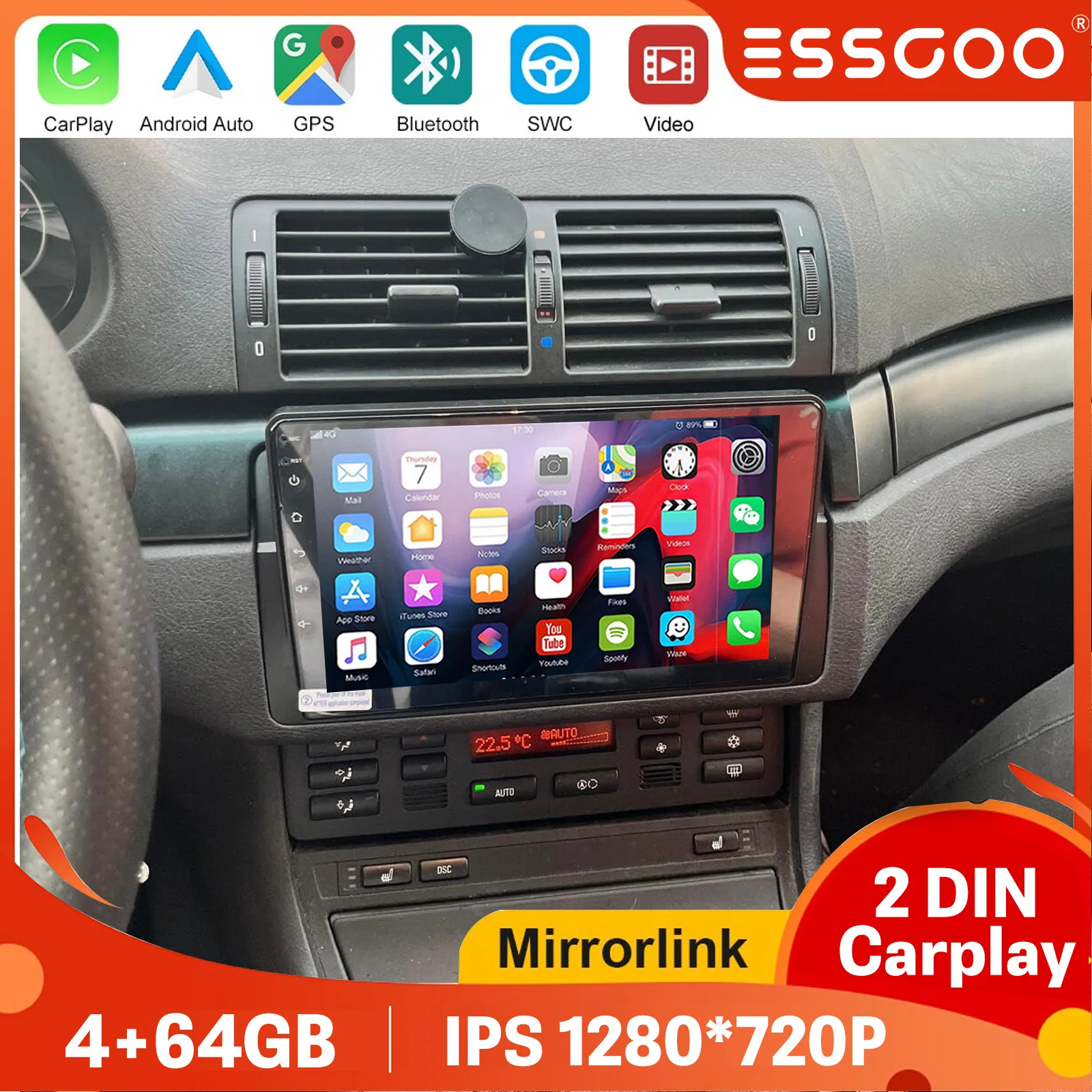 ESSGOO Autoradio BT Carplay Android 15 Lettore Multimediale di Navigazione per BMW E46 M3 318 320 325 330 335 1998-2006 Rover 75 con Telecamera
