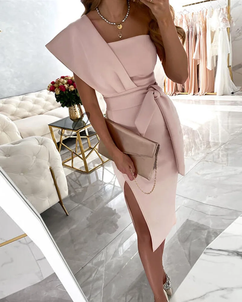 

SKMY Irregular One Shoulder Sleeveless Midi Dresses High Waist Lace-Up Solid Color Split Dress Summer Outfits For Women 2025