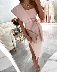 SKMY Irregular One Shoulder Sleeveless Midi Dresses High Waist Lace-Up Solid Color Split Dress Summer Outfits For Women 2025