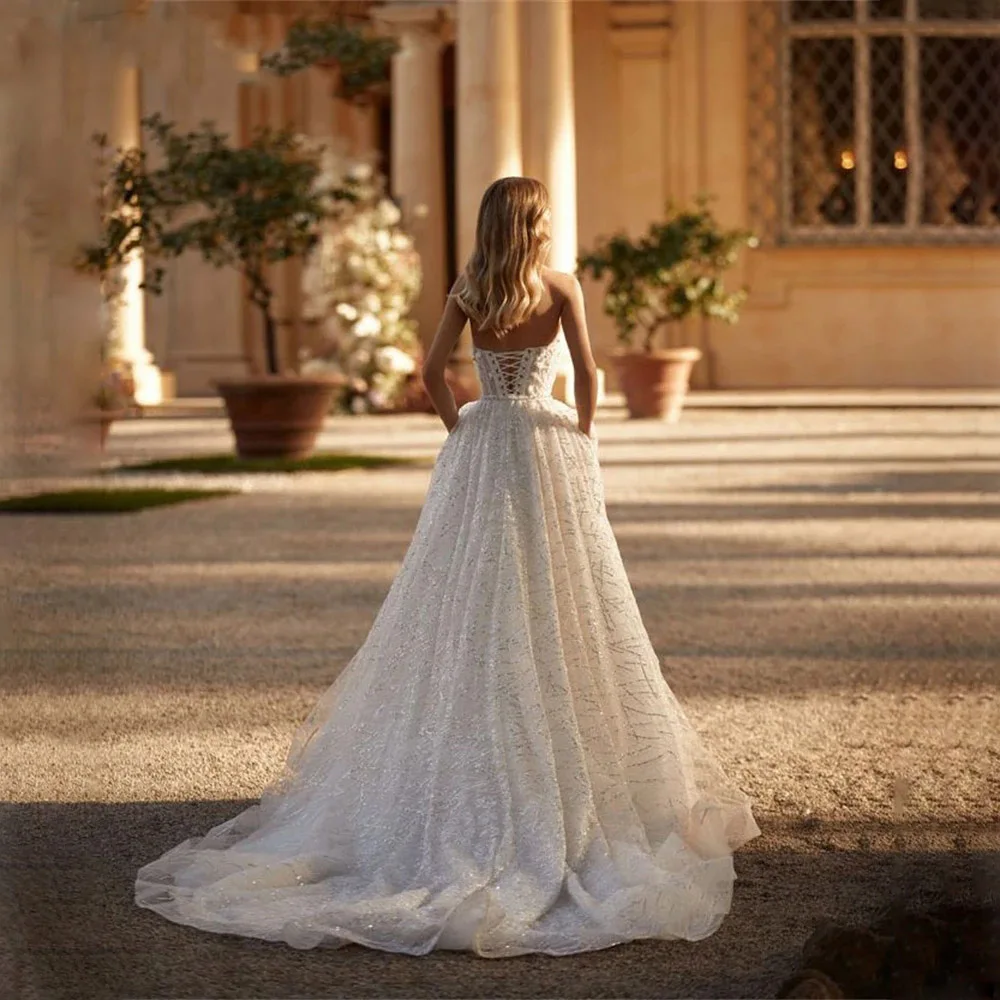 Vestido De Novia sin tirantes con purpurina, traje De Novia con apliques De encaje, sin mangas, con cordones en la espalda, brillante