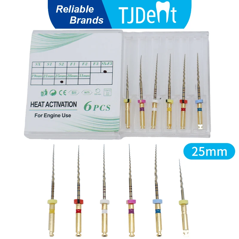 TJDent 6pcs/Box 25mm Dental Endodontic Files Gold Endo File Root Canal Heat Activated Rotary File NITI Instrument Dentistry Tool