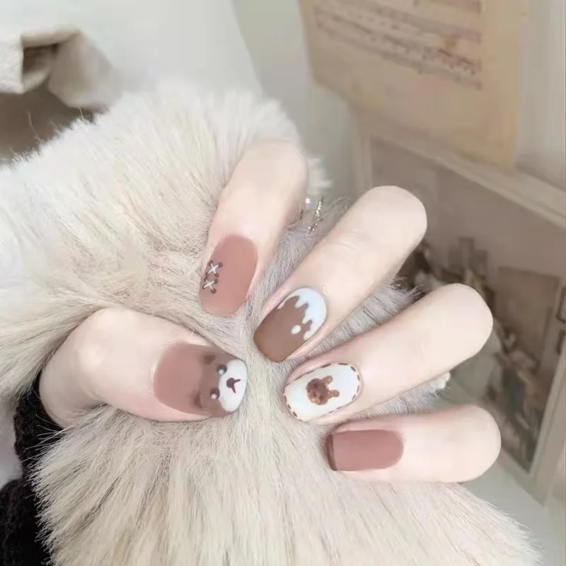 

Autumn And Winter Nail Enhancement Short Frosted Bear Women Fake Nail Patch Cute Cartoon Wearing Nail Patch