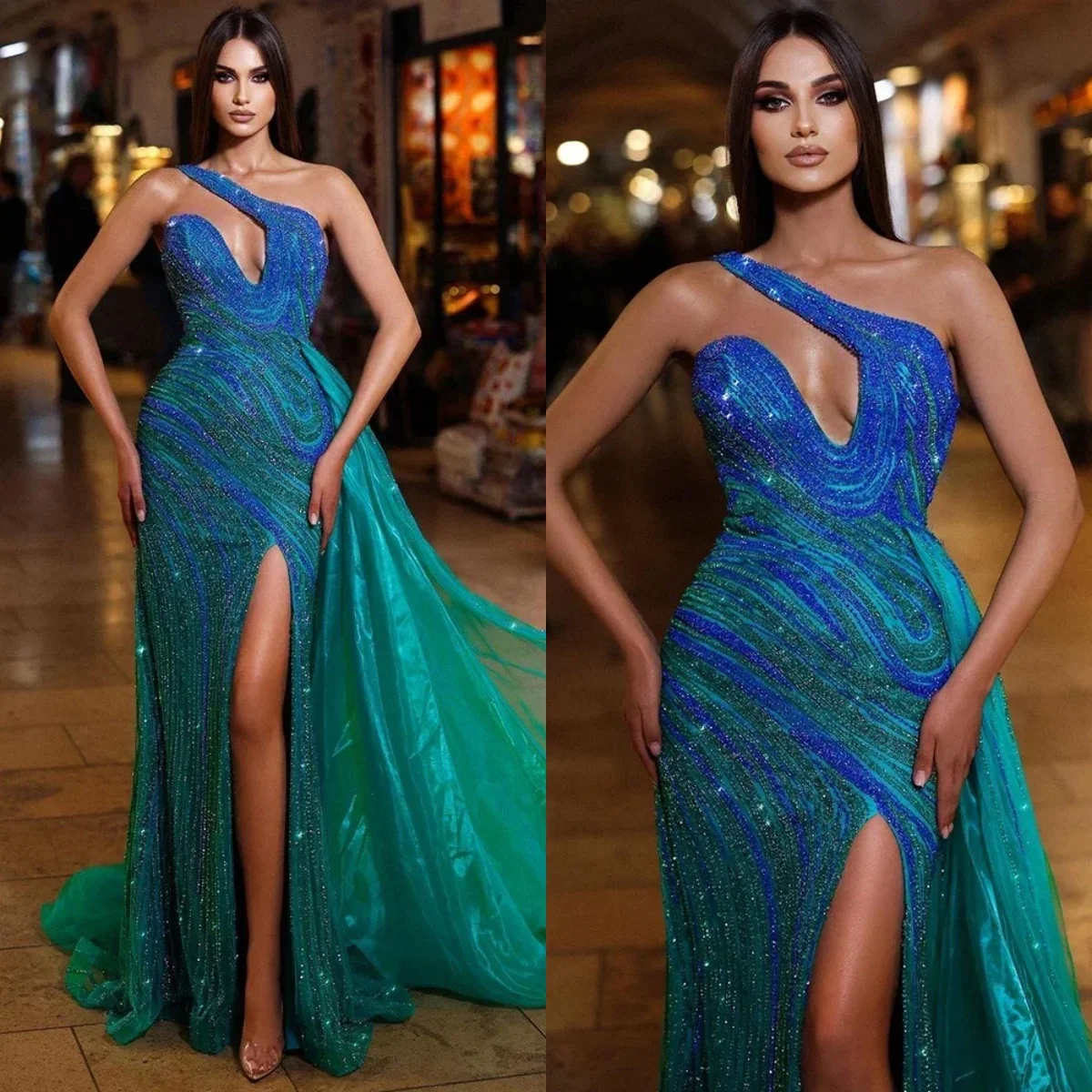 

Блестящие вечерние платья на одно плечо, платье для выпускного вечера с блестками и бисером, с разрезом по бокам, без рукавов, вечерние платья русалки, Vestidos De Noche