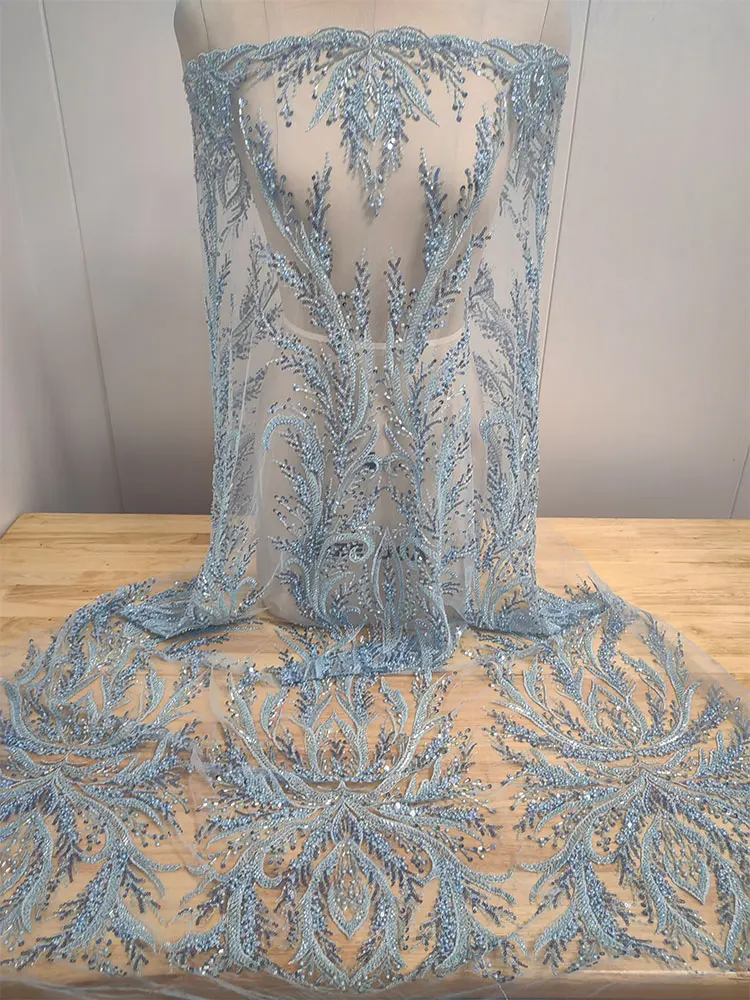 10 Colors Heavy Beaded Lace Fabric with Center Motif Intricate All-Over Embroidery for Bridal Gown DIY Craft Material