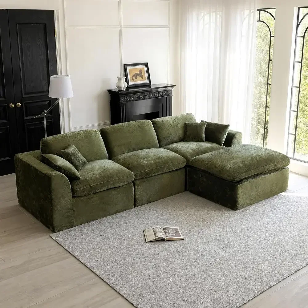 Oversized 3-Seater L-Shape Couch with Ottoman, Forest Green Living Room Furniture
