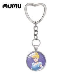 2024 New Cinderella Heart Keyring Princess Keychain Glass Dome Cabochon Jewelry Gifts Children