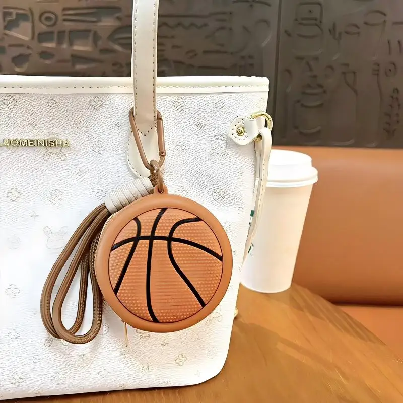 Basketball Shape Silicone Mini Storage Pouch, Sports Series Keychain Wallet, Casual Earphone Coin Key Bag For Gift