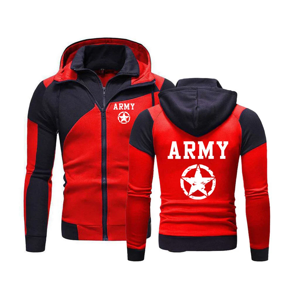 ARMY And Five Pointed Star Hot Sale Men's Hoodie Creative Diagonal Zipper Sweatshirts Autumn Male Daily Casual Sporty Jacket