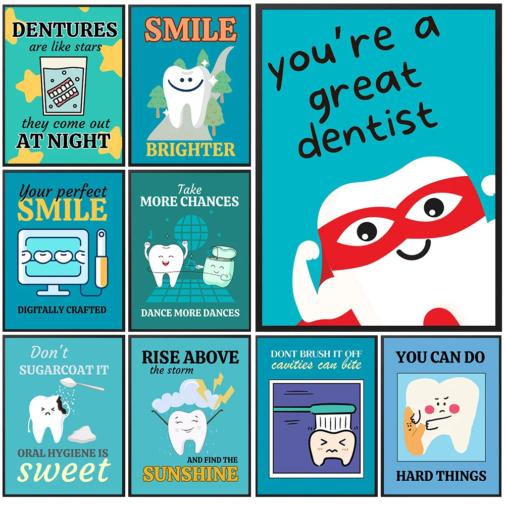 Humorous Oral Care Poster Set,Cute Dental Motivation Art Prints, Kids Dental Hygiene Wall Art,Vintage Style Dental Canvas Print