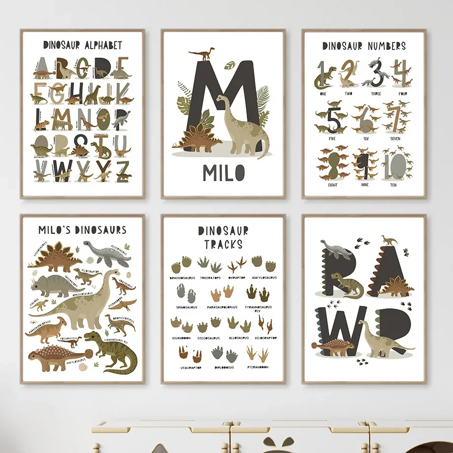 

Animals Dinosaur Number Alphabet Tracks Name Customize Wall Art Cartoon Posters Pictures Kids Room Decor Nordic Canvas Painting